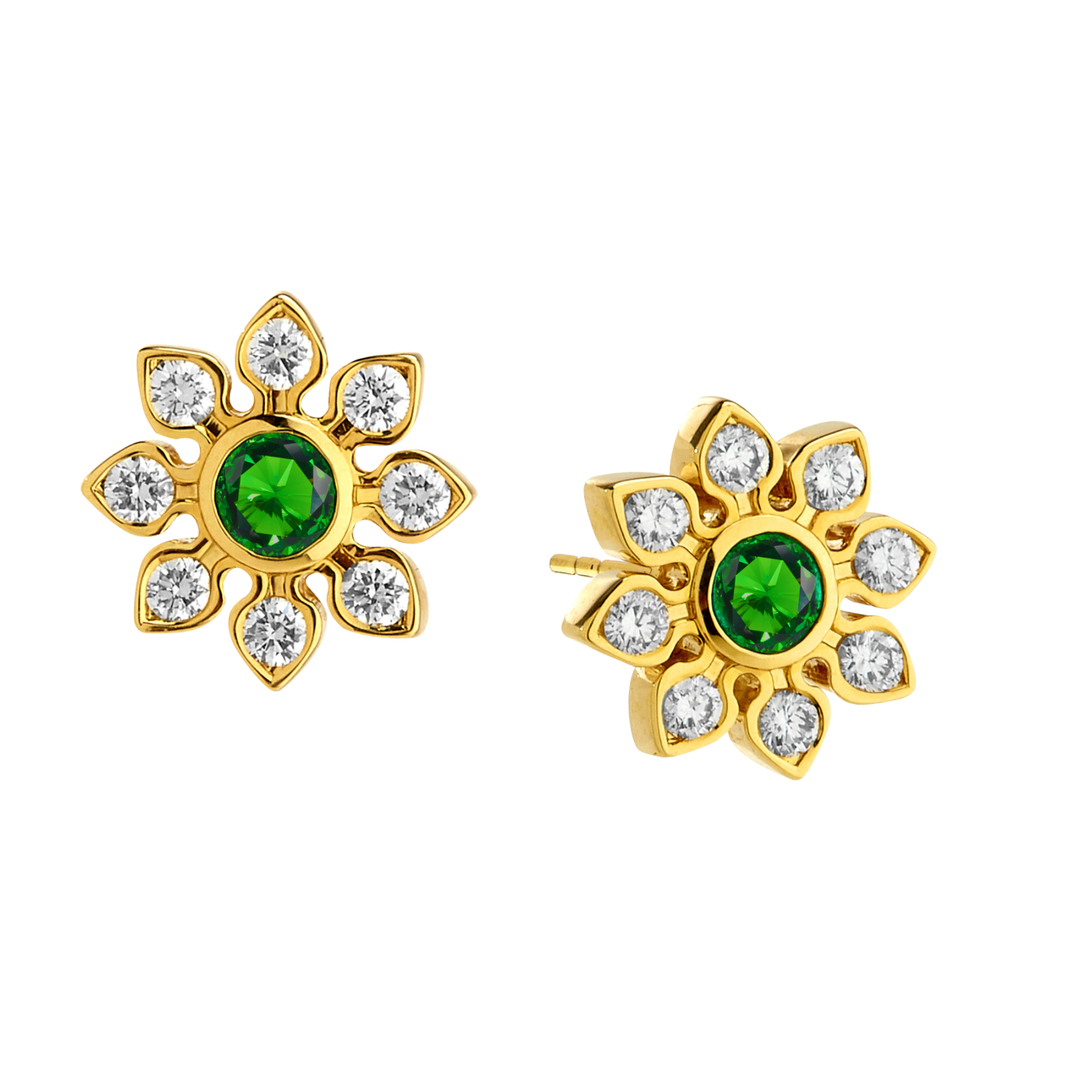 SYNA Emerald Flower Petal Stud Earrings 18K Yellow Gold Emeralds & Diamonds Default Title