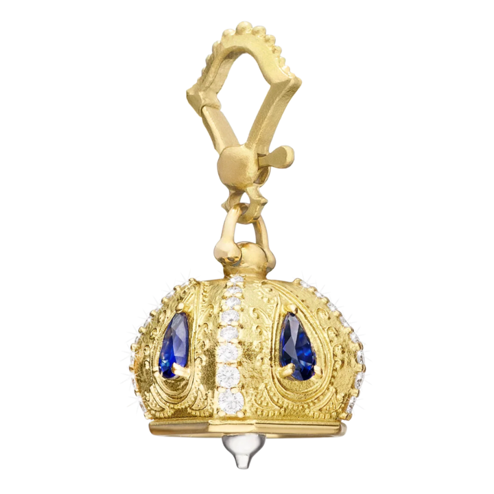 18K Yellow Gold Raja Medition Bell Blue Sapphire Diamonds