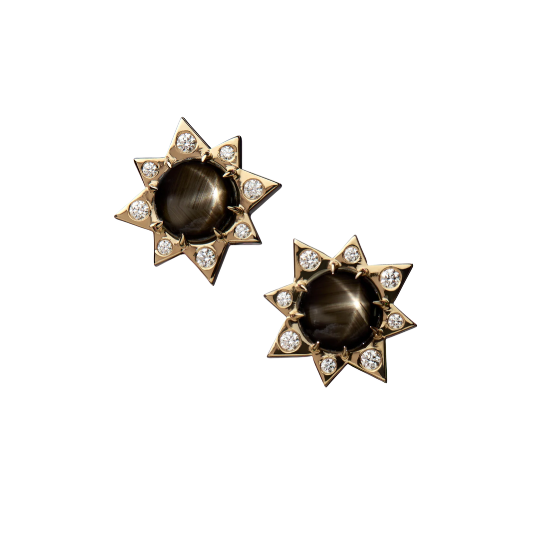 MELUZZA 18K Yellow Gold Black North Star Sapphire And Diamond Earrings