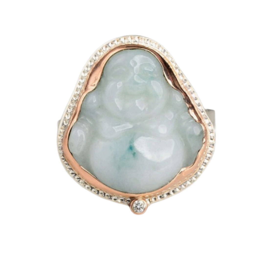 ARI O Carved Jade Buddha Rose Gold And Sterling Silver With Diamonds Ring Default Title