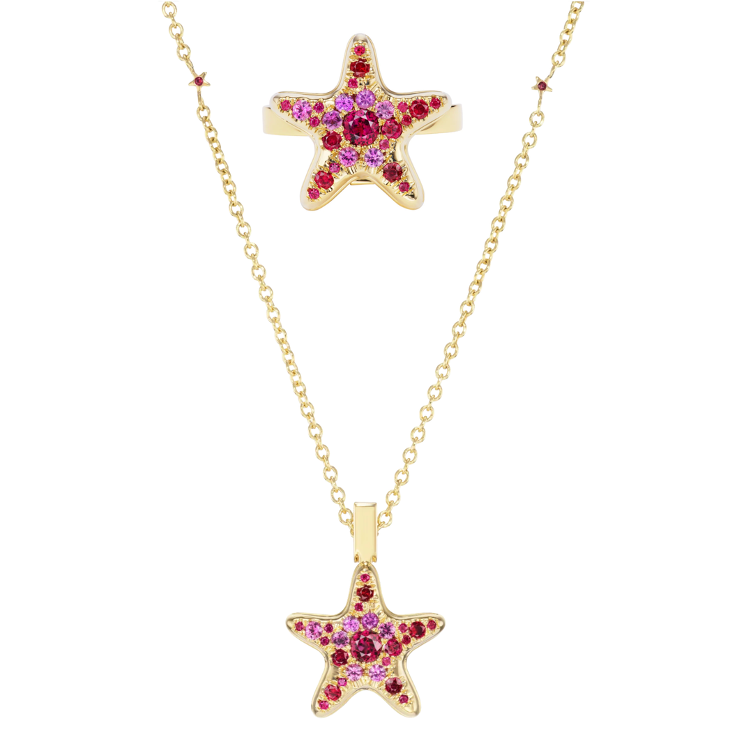 MELUZZA 18K Yellow Gold Convertible Ring And Pendant Necklace With Ruby and Pink Sapphires