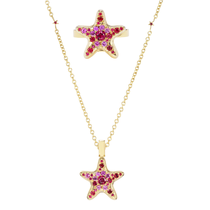 MELUZZA 18K Yellow Gold Convertible Ring And Pendant Necklace With Ruby and Pink Sapphires