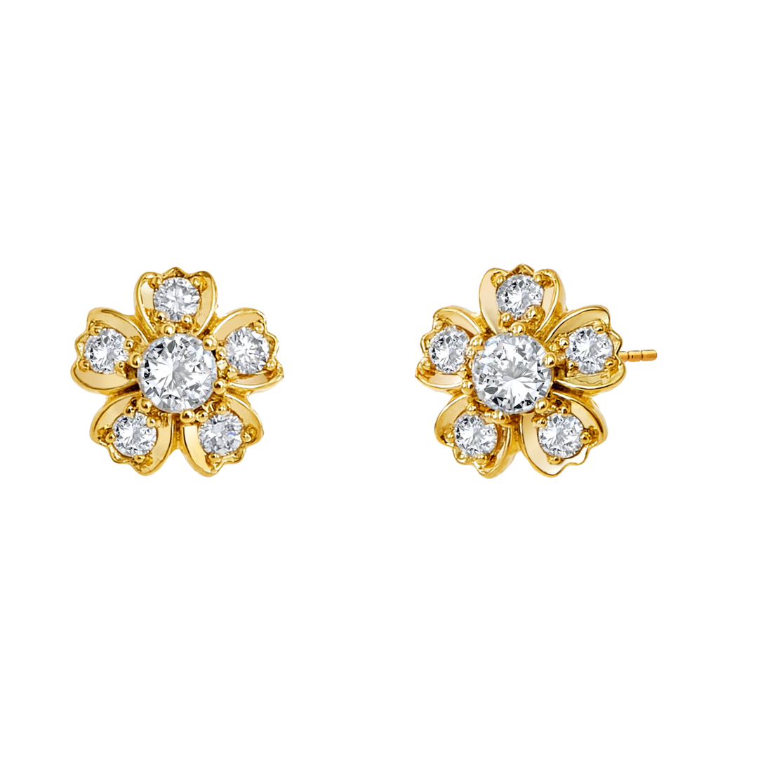 Diamond Flower Earrings in 18K Yellow Gold with Diamond Centers