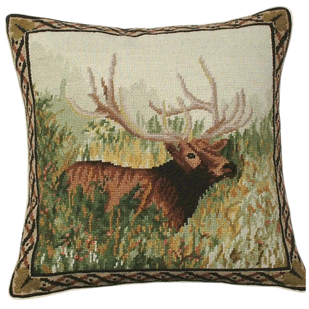 MICHAELIAN HOME Elk In The Woods Needlpoint Pillow Default Title