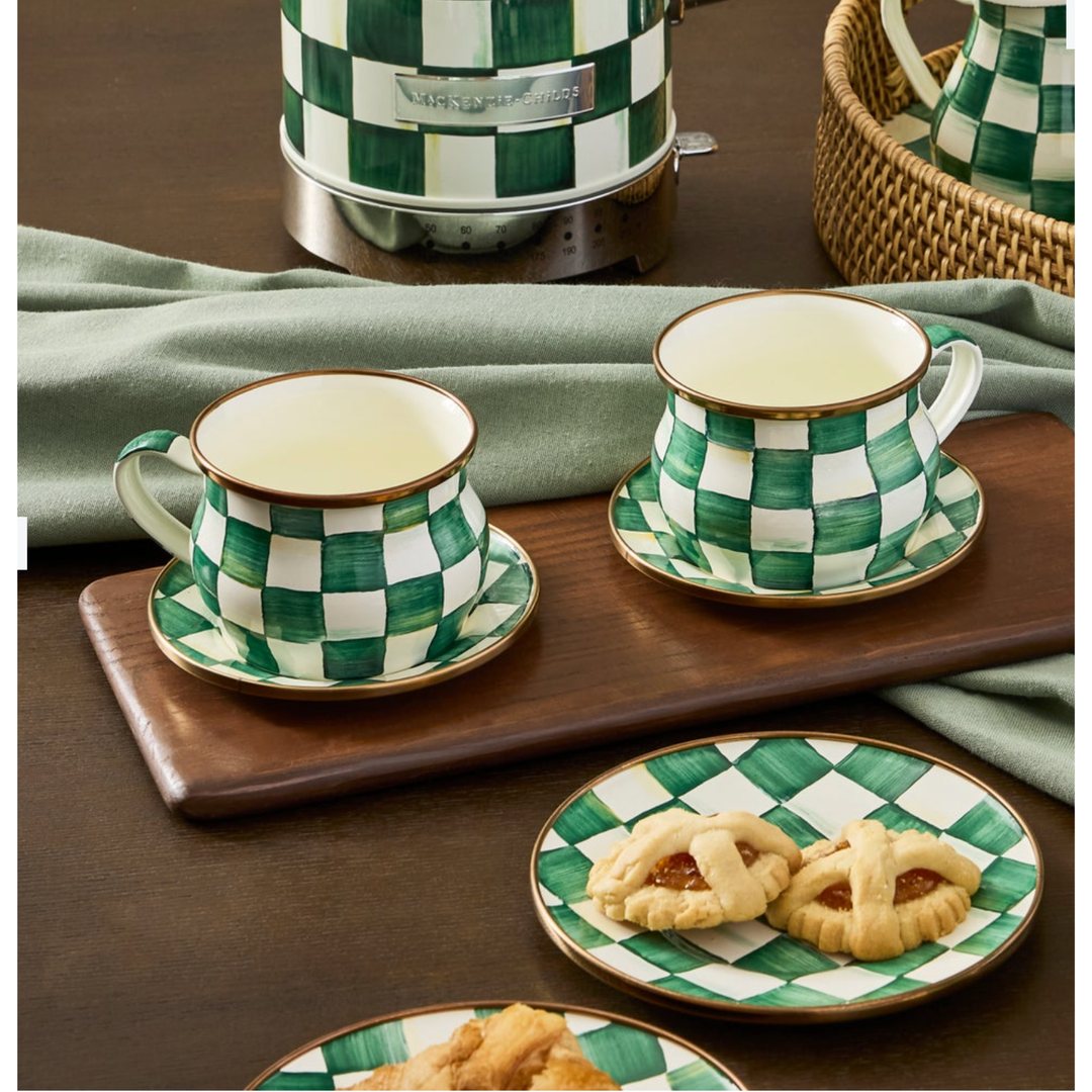 MACKENZIE CHILDS Emerald Check Espresso Cup And Saucer Set