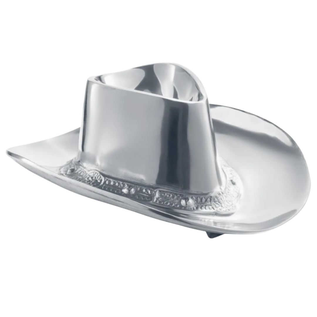 THE WINE SAVANT THE WIND SAVANT WESTERN COWBOY HAT CHIP AND DIP BOWL SILVER BRASS