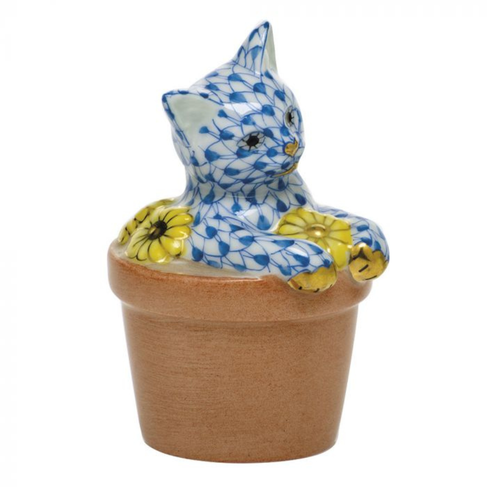 HEREND Flower Pot Kitty BLUE
