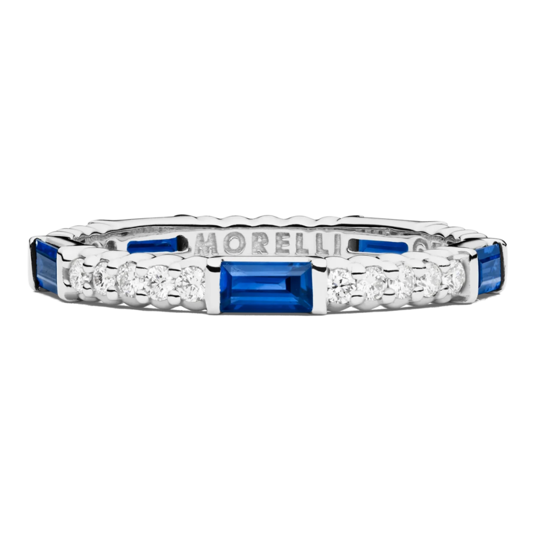 18K White Gold Pinpoint Baguette Diamond And Blue Sapphire Eternity Ring