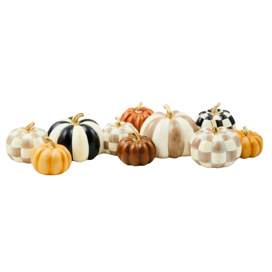 MACKENZIE CHILDS Autumnology Mocha Check And Stripe Pumpkin Cluster