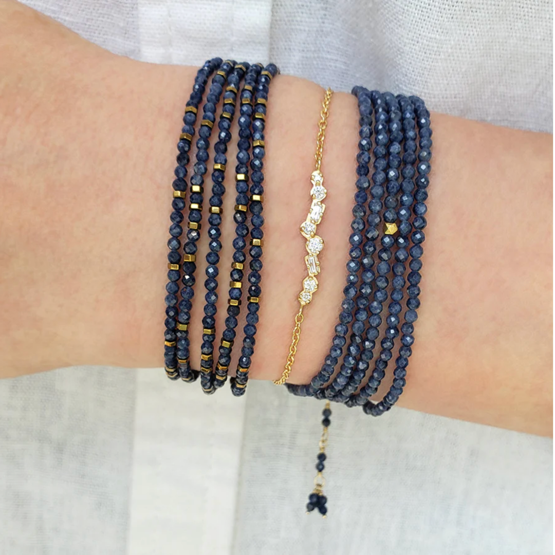 ANNE SPORTUN 18K Yellow Gold Hex Bead Opaque Blue Sapphire Wrap Bracelet Or Necklace