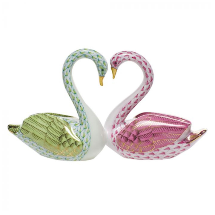 HEREND Kissing Swans RASPBERRY KEYLIME