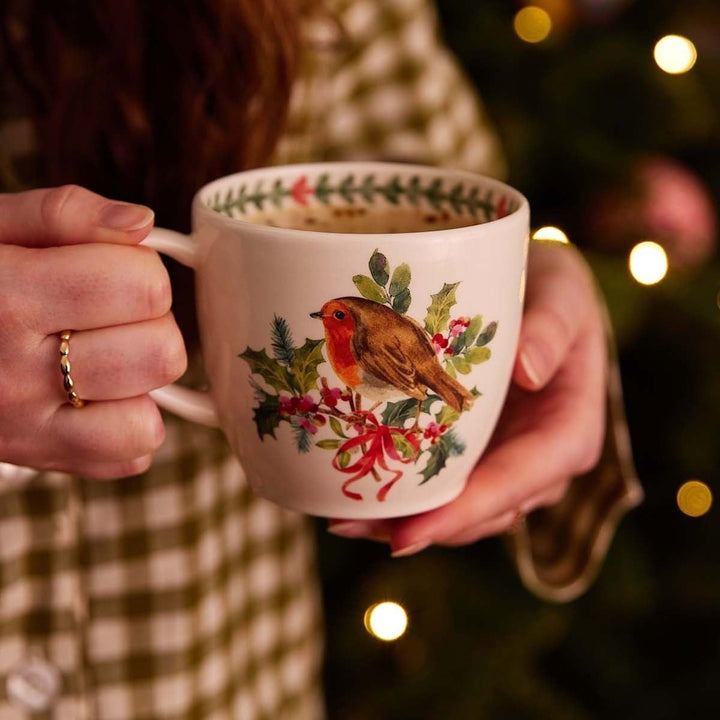 PORTMEIRION Botanic Garden Christmas Holly Latte Mug Robin
