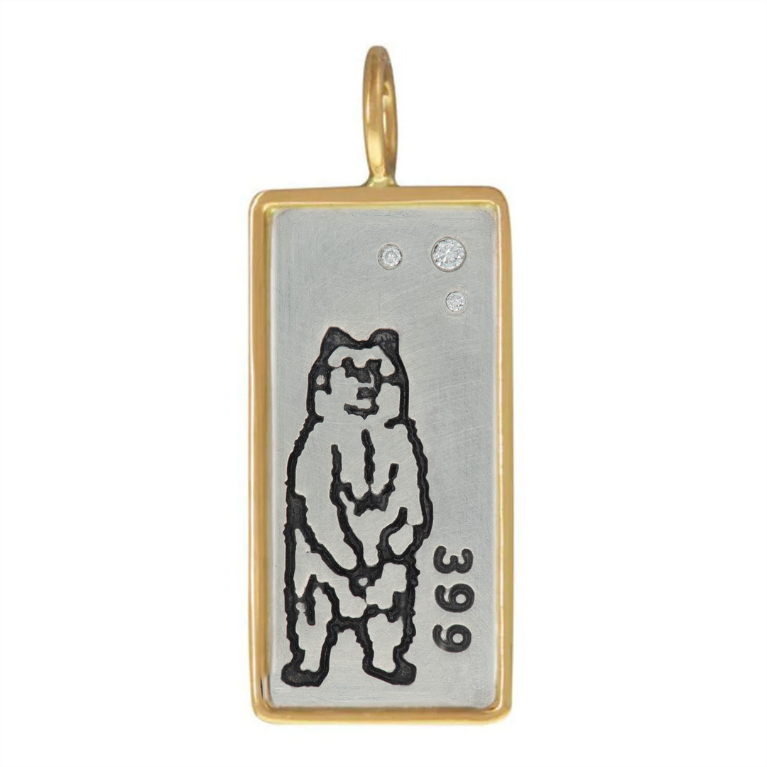 Yellow Gold Framed Silver Bear 399 Id Tag Charm
