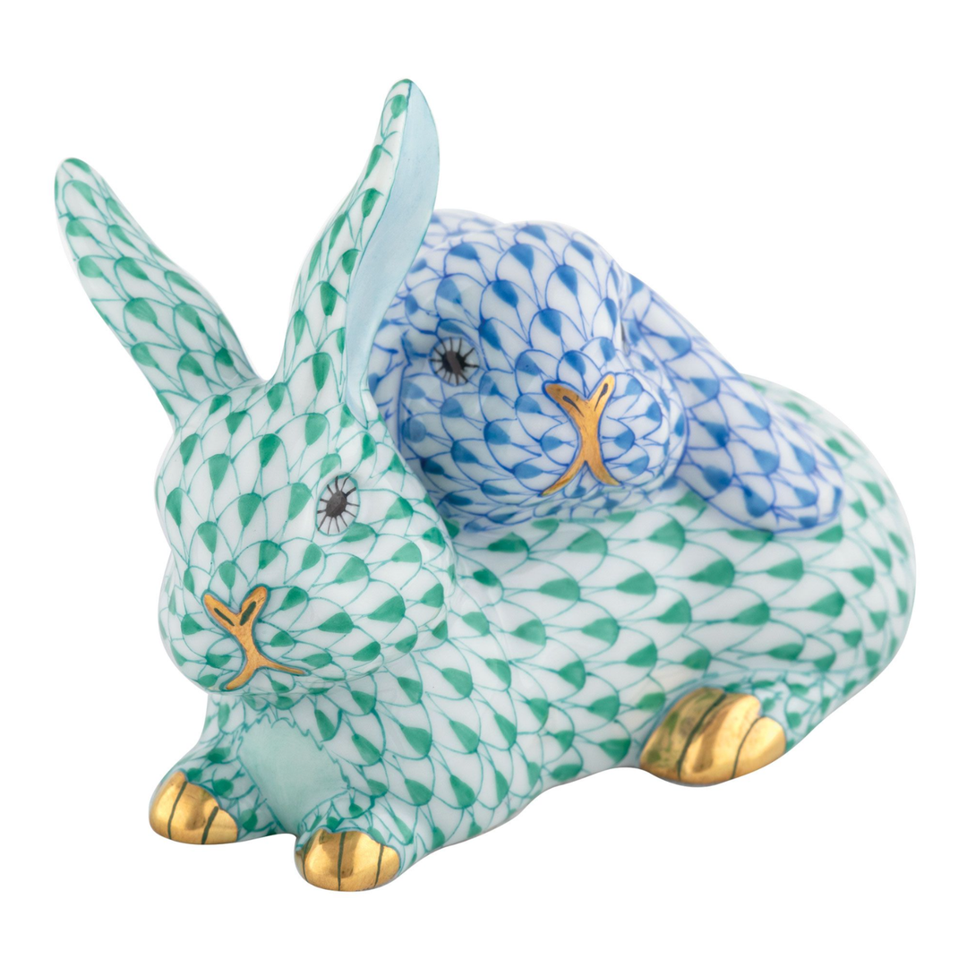 HEREND Herend Snuggle Bunnies GREEN-BLUE