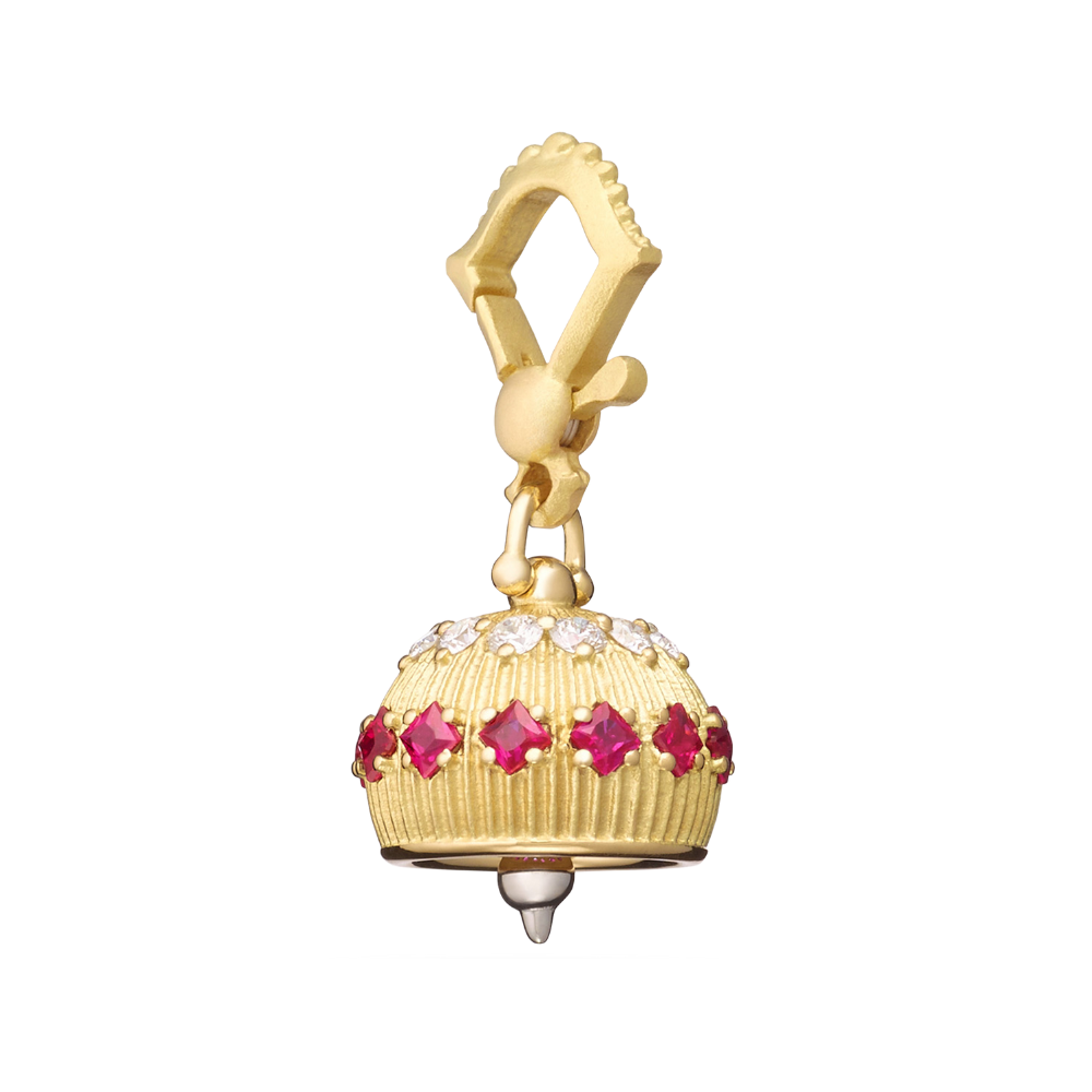 18K Yellow Gold #2 Yellow Gold Meditation Bell With Diamonds And Square Rubies