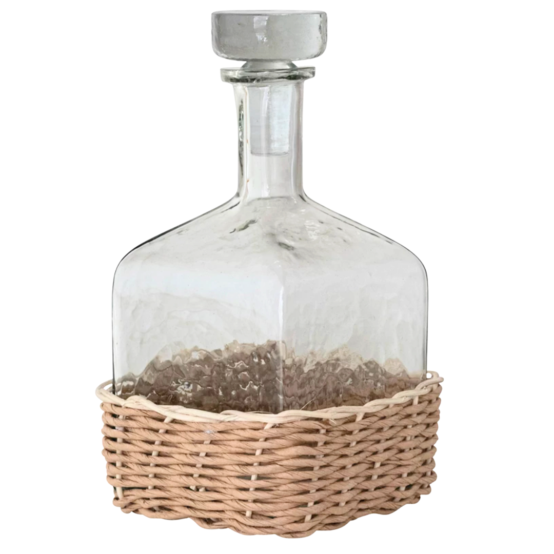 CREATIVE CO-OP Glass Bottle With Stopper And Rattan Base