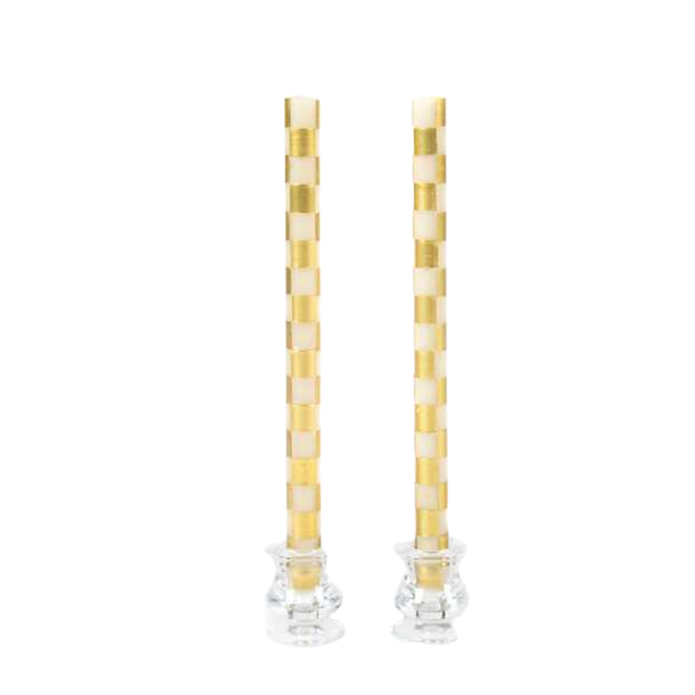 MACKENZIE CHILDS Gold And Ivory Check Dinner Candles Set Of 2