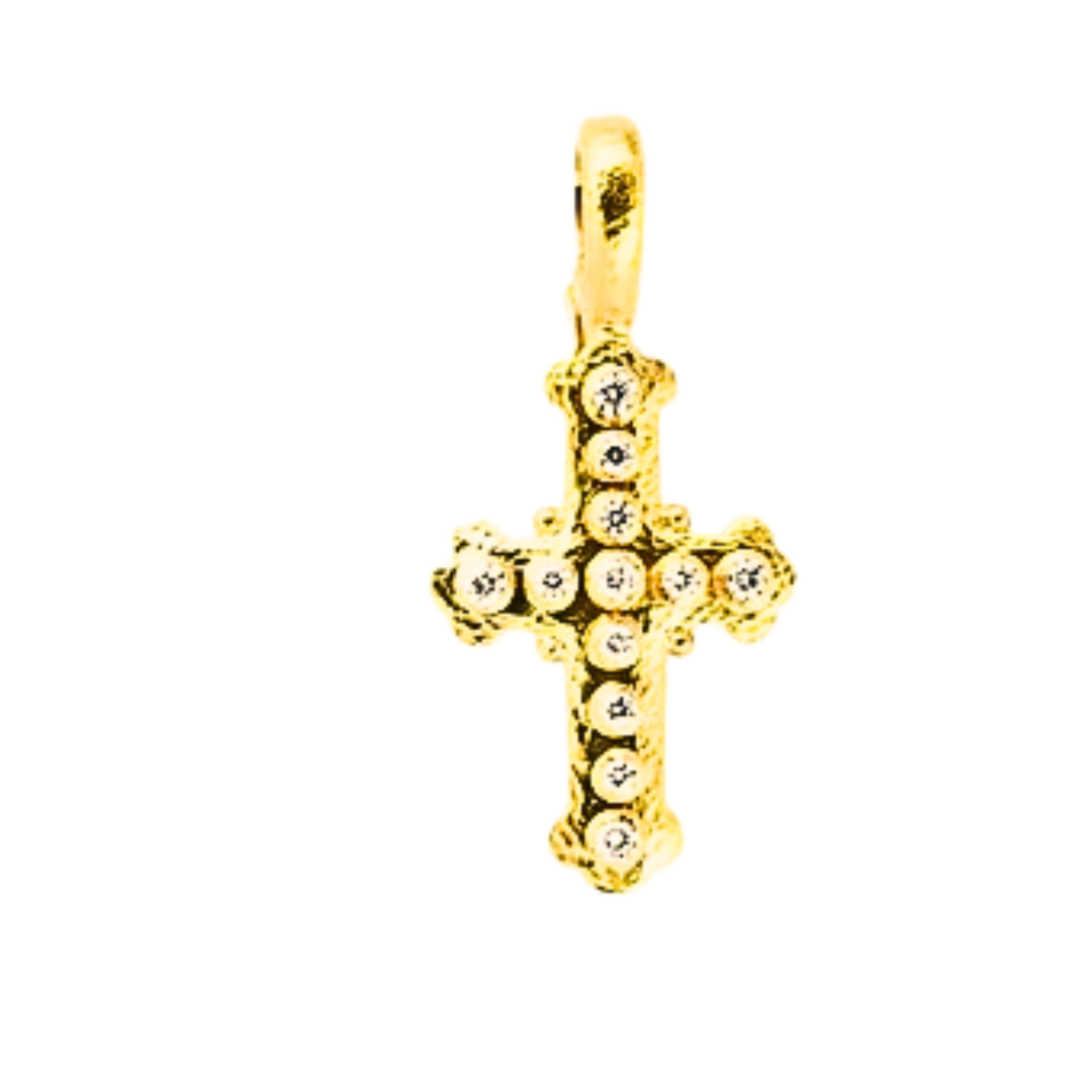 Small Byzantine 19K Yellow Gold Cross with Diamonds Pendant