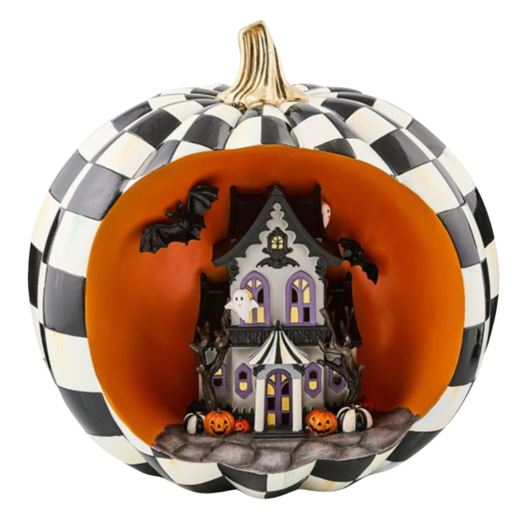 MACKENZIE CHILDS Halloween Illuminated Haunted House Pumpkin Scene