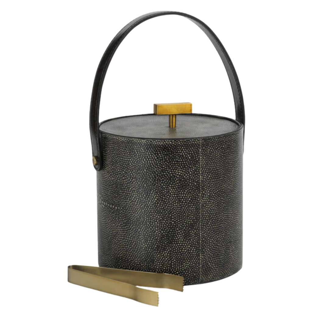 ZODAX Nika Shagreen Leather Ice Bucket And Gold Metal Ice Tongs