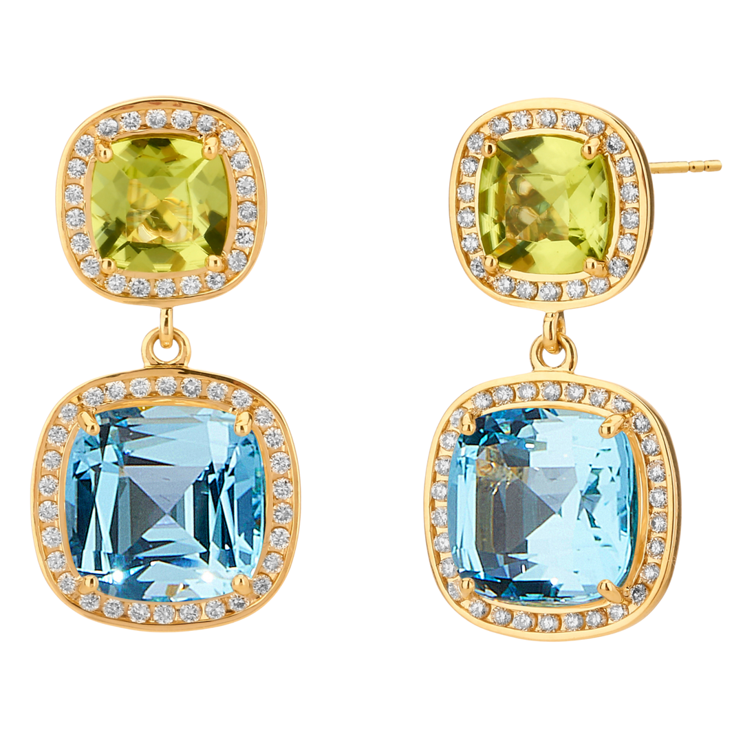 Mogul Blue Topaz Peridot 18 K Yellow Gold Cushion Earrings With Diamonds