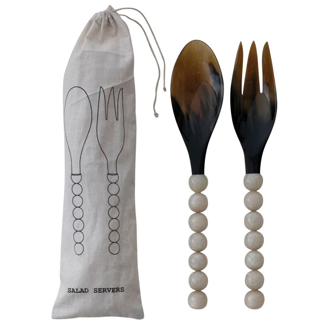 CREATIVE CO-OP Natural Horn Salad Servers With Marbled Handles Default Title