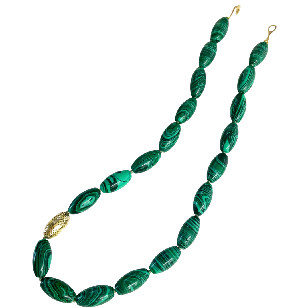 Malachite Marbled Beaded Necklace Crownwork® Olive & Lily Pad Clasp 18K Yellow Gold
