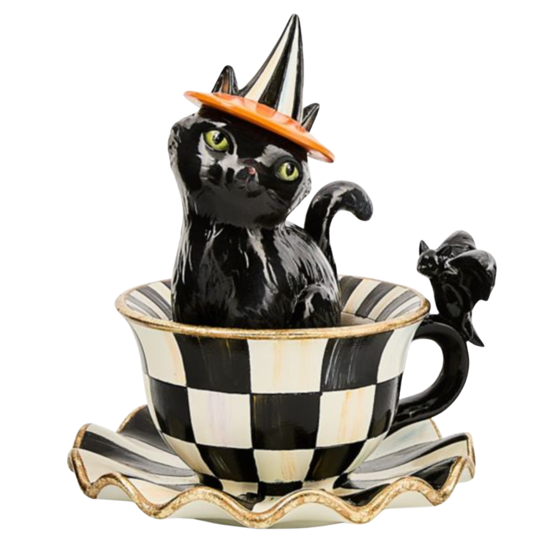 MACKENZIE CHILDS Courtly Check Teacup Cat Decor