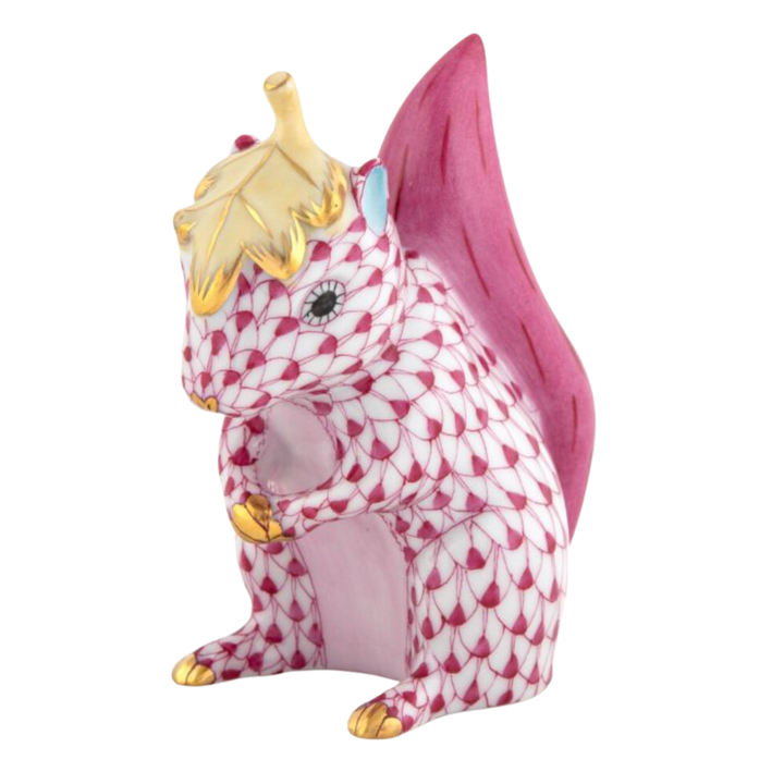 HEREND Squirrel With Leaf RASPBERRY