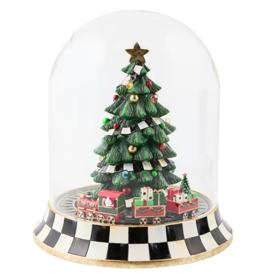 MACKENZIE CHILDS Christmas Tree Train Cloche Music Box