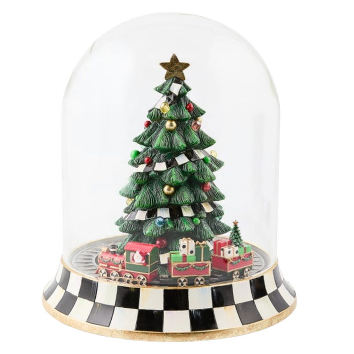 MACKENZIE CHILDS Christmas Tree Train Cloche Music Box