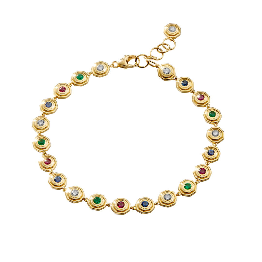 Hex Bracelet 18K Yellow Gold Emeralds, Rubies, Sapphires & Diamonds
