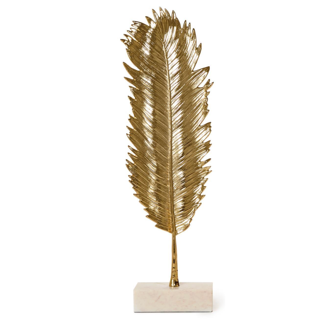 TWO'S COMPANY Golden Feather Large Leaf Sculpture on Marble Base Default Title