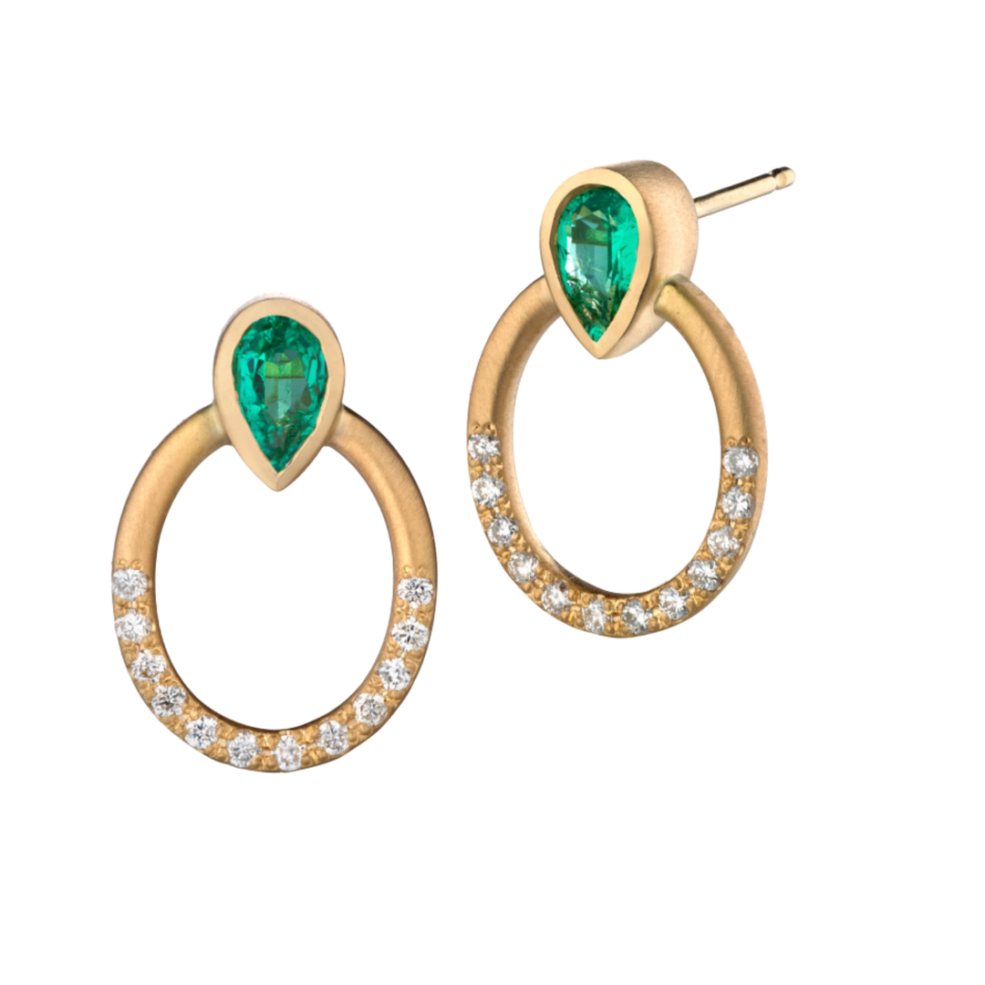 18K Yellow Gold Emerald Aura Earrings With Diamonds