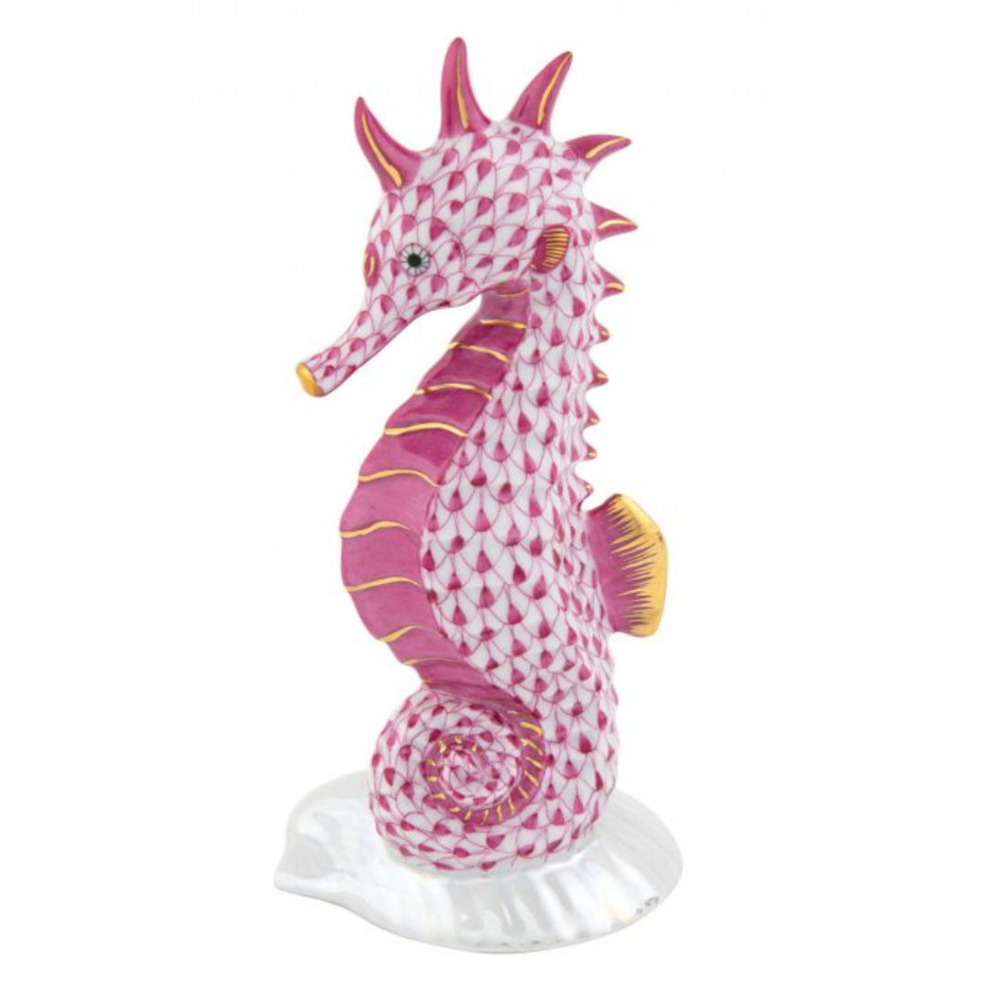 HEREND Seahorse On Scallop Shell RASPBERRY