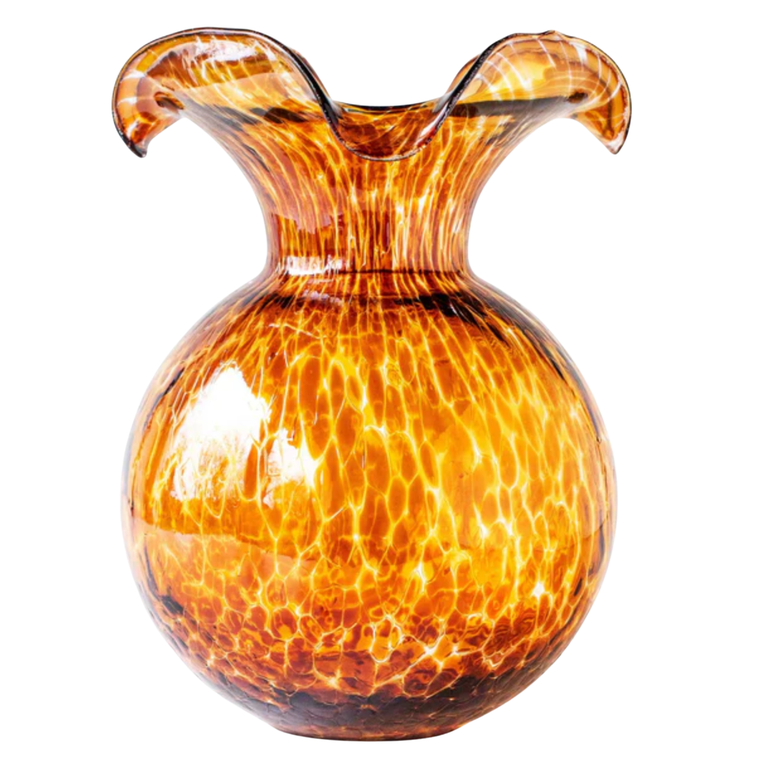 VIETRI Hibiscus Glass Brown Tortoiseshell Large Fluted Vase