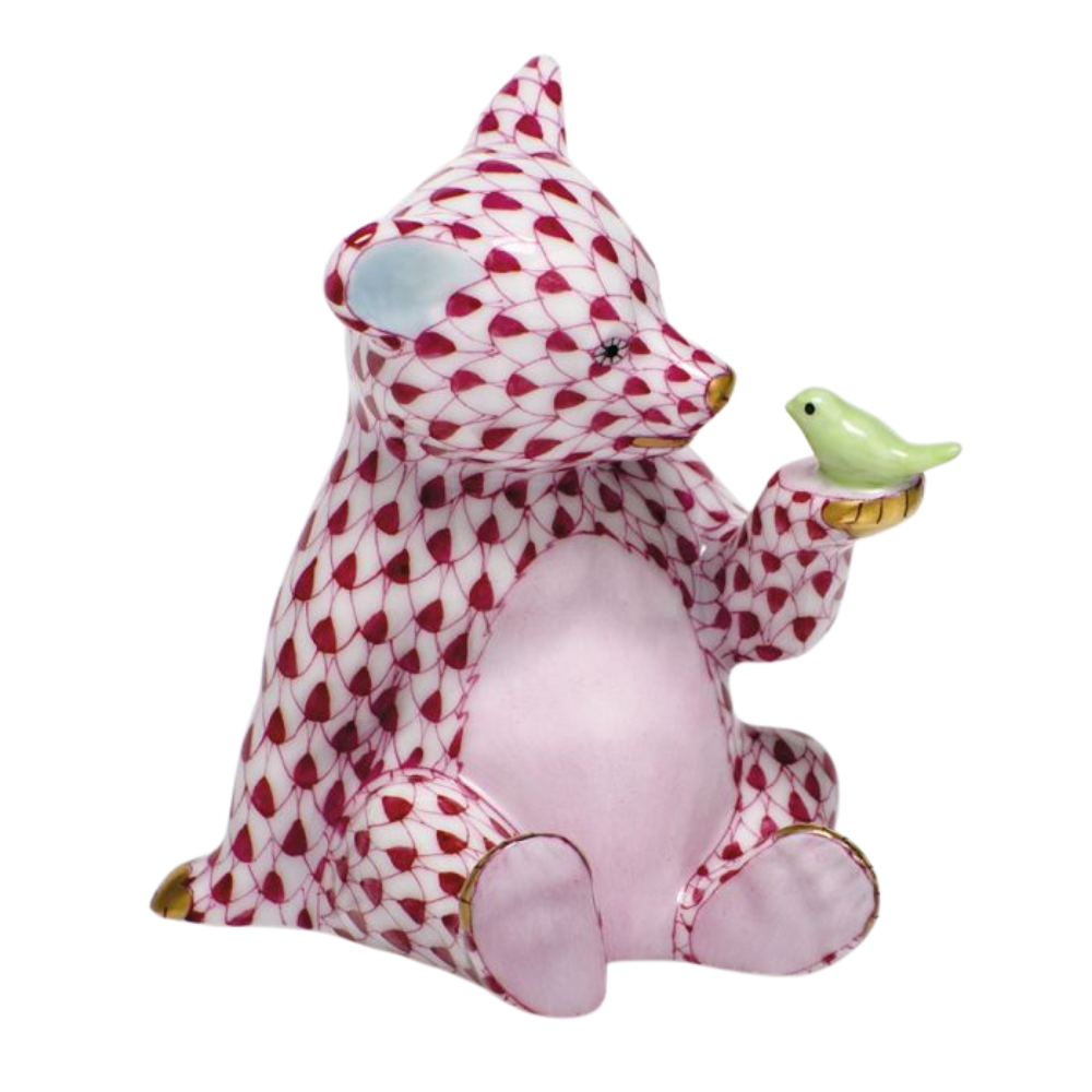 HEREND Bear With Bird RASPBERRY