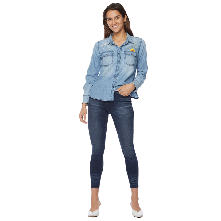 BILLY T Hello Sunshine Embroidery Sunshine Shirt Extra Small Color Washed Blue