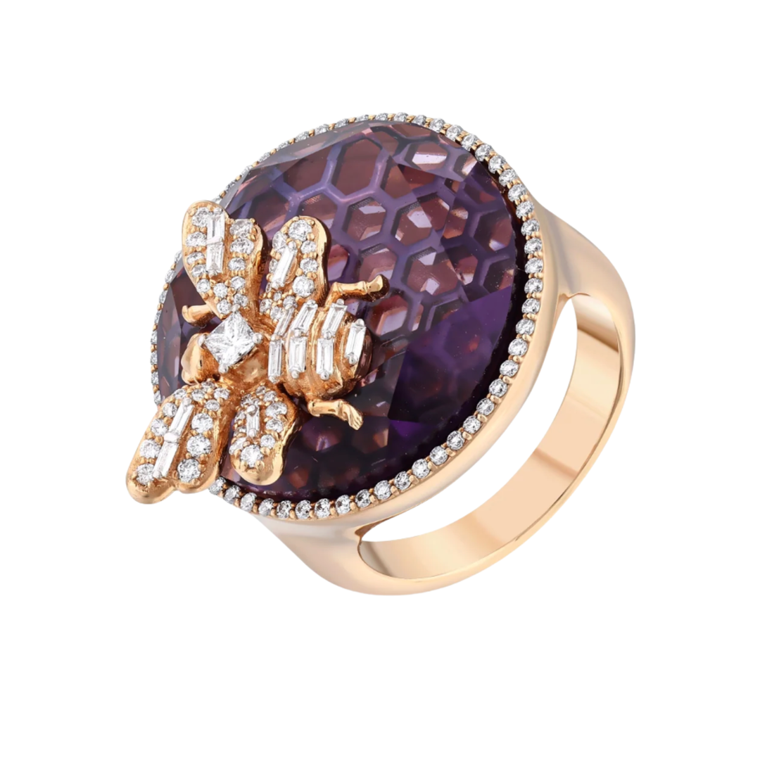 BEE GODDESS Queen Bee 14K Rose Gold Bon Bon Amethyst And Diamond Ring