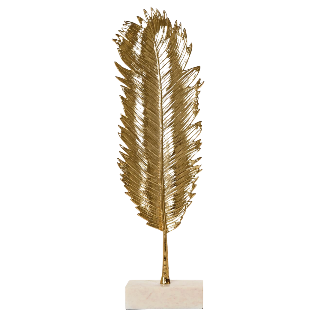 TWO'S COMPANY Golden Feather Large Leaf Sculpture on Marble Base