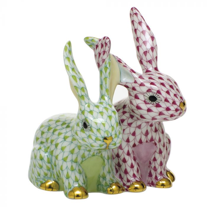 HEREND 24K GOLD PAINTED ACCENT TWISTED BUNNIES RASPBERRY KEYLIME
