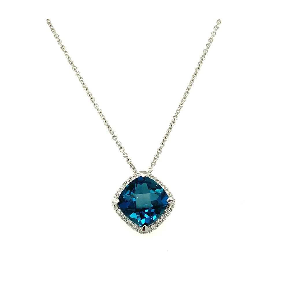 LISA NIK LONDON BLUE TOPAZ CUSHION PENDANT NECKLACE 18K WG .15 DIAMONDS 18" Default Title